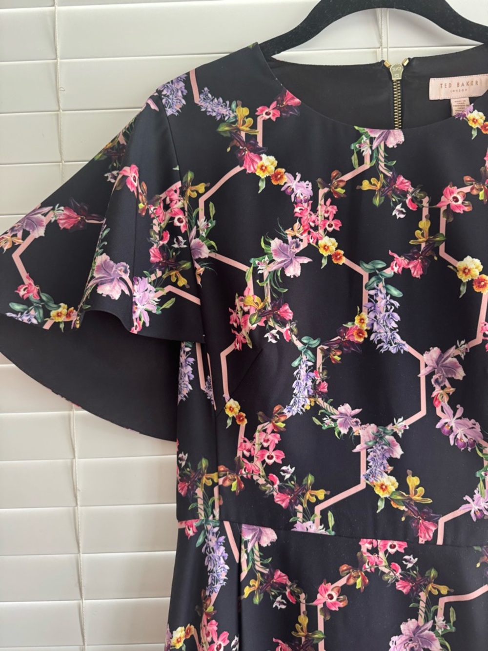 Ted Baker Black Floral Hex-Detail Dress